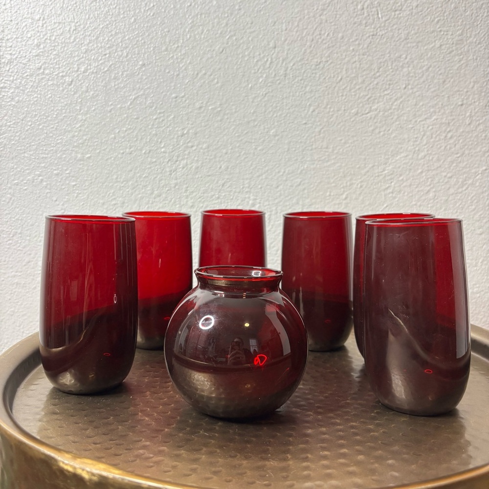 Vintage Anchor Hocking Royal Ruby Red set of 6 glasses + dish